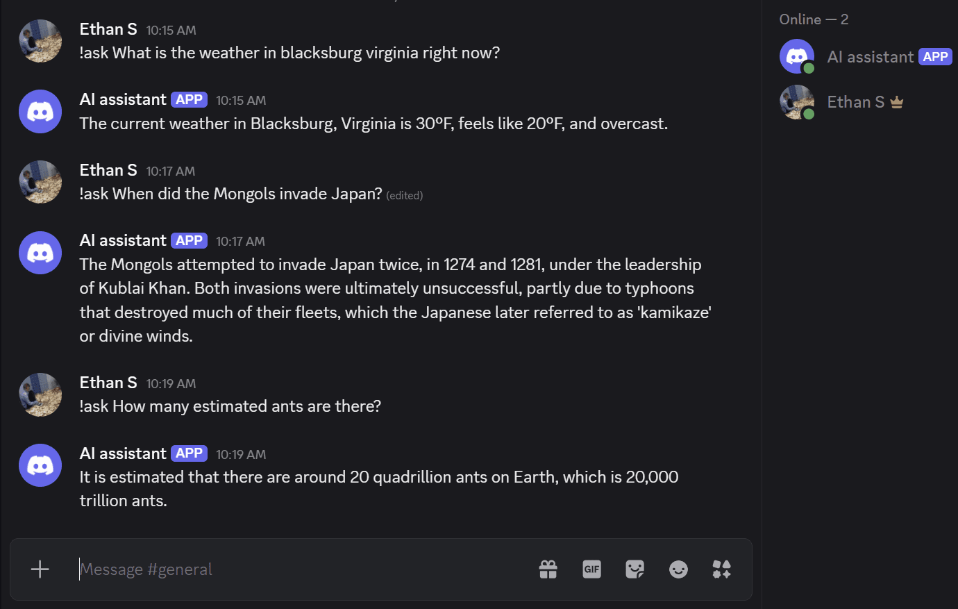 Discord channel responses from the AI bot