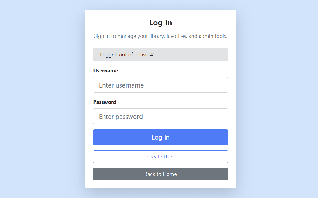 Movie Manager login screen